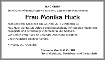 Traueranzeige von Monika Huck von Allgäuer Zeitung,Kempten