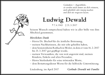 Traueranzeige von Ludwig Dewald von Der Westallgäuer