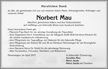Traueranzeige von Norbert Mau von Memminger Zeitung