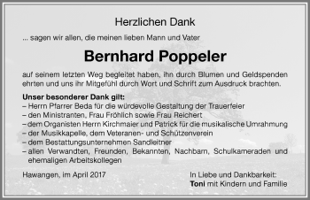 Traueranzeige von Bernhard Poppeler von Memminger Zeitung
