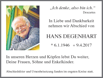 Traueranzeige von Hans Degenhart von Allgäuer Zeitung, Kaufbeuren/Buchloe