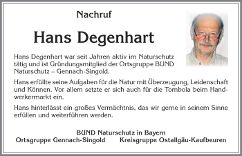 Traueranzeige von Hans Degenhart von Allgäuer Zeitung, Kaufbeuren/Buchloe