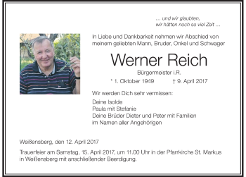 Traueranzeige von Werner Reich von Der Westallgäuer