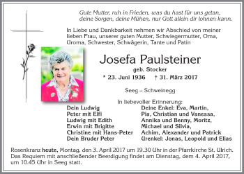 Traueranzeige von Josefa Paulsteiner von Allgäuer Zeitung, Füssen