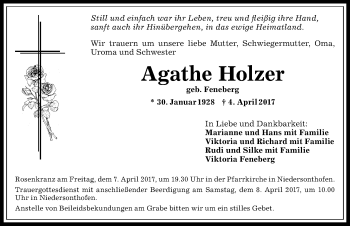 Traueranzeige von Agathe Holzer von Allgäuer Anzeigeblatt