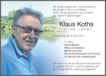 Traueranzeige von Klaus Koths von Der Westallgäuer