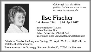 Traueranzeige von Ilse Fischer von Allgäuer Zeitung, Kaufbeuren/Buchloe
