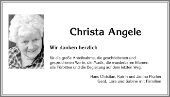 Traueranzeige von Christa Angele von Allgäuer Zeitung, Kaufbeuren/Buchloe