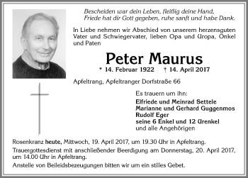 Traueranzeige von Peter Maurus von Allgäuer Zeitung, Kaufbeuren/Buchloe