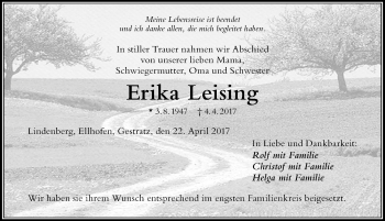 Traueranzeige von Erika Leising von Der Westallgäuer