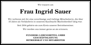 Traueranzeige von Ingrid Sauer von Allgäuer Anzeigeblatt