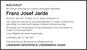 Traueranzeige von Franz Josef Jarde von Der Westallgäuer