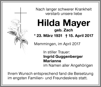Traueranzeige von Hilda Mayer von Memminger Zeitung