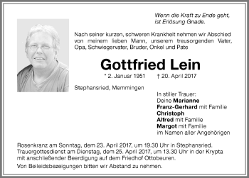 Traueranzeige von Gottfried Lein von Memminger Zeitung