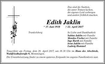 Traueranzeige von Edith Jaklin von Memminger Zeitung