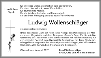 Traueranzeige von Ludwig Wollenschläger von Allgäuer Zeitung,Kempten