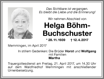 Traueranzeige von Helga Böhm-Buchschuster von Memminger Zeitung