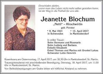 Traueranzeige von Jeanette Blochum von Allgäuer Zeitung, Marktoberdorf