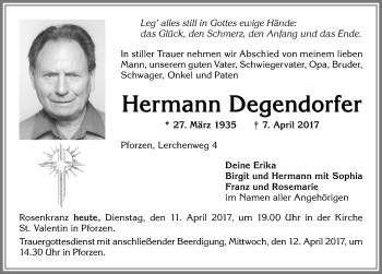 Traueranzeige von Hermann Degendorfer von Allgäuer Zeitung, Kaufbeuren/Buchloe