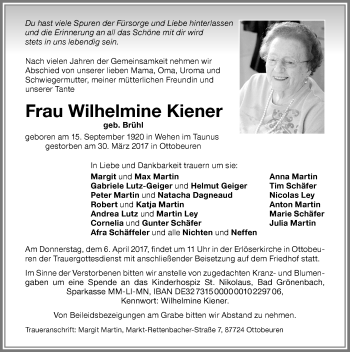 Traueranzeige von Wilhelmine Kiener von Memminger Zeitung