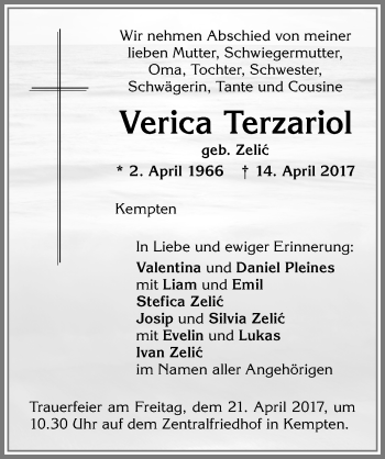 Traueranzeige von Verica Terzariol von Allgäuer Zeitung,Kempten