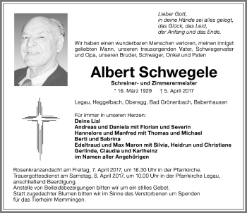 Traueranzeige von Albert Schwegele von Memminger Zeitung