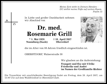 Traueranzeige von Rosemarie Grill von Allgäuer Anzeigeblatt