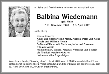 Traueranzeige von Balbina Wiedemann von Allgäuer Zeitung,Kempten