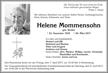 Traueranzeige von Helene Mommensohn von Allgäuer Zeitung, Marktoberdorf