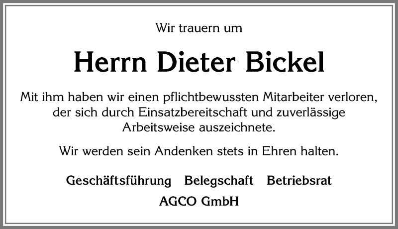  Traueranzeige für Dieter Bickel vom 01.04.2017 aus Allgäuer Zeitung, Marktoberdorf