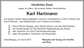 Traueranzeige von Karl Hartmann von Allgäuer Zeitung, Marktoberdorf