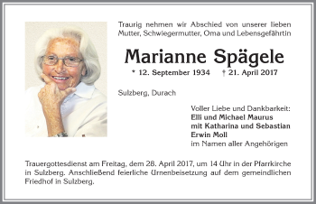 Traueranzeige von Marianne Spägele von Allgäuer Zeitung,Kempten