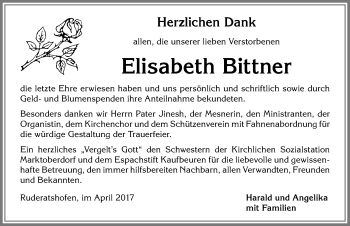 Traueranzeige von Elisabeth Bittner von Allgäuer Zeitung, Marktoberdorf