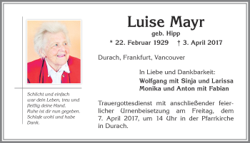 Traueranzeige von Luise Mayr von Allgäuer Zeitung,Kempten