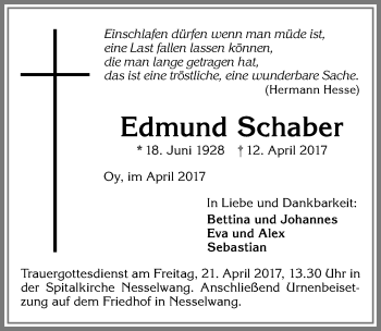 Traueranzeige von Edmund Schaber von Allgäuer Zeitung,Kempten