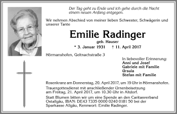 Traueranzeige von Emilie Radinger von Allgäuer Zeitung