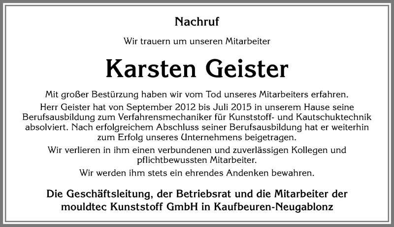  Traueranzeige für Karsten Geister vom 06.04.2017 aus Allgäuer Zeitung, Kaufbeuren/Buchloe