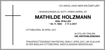 Traueranzeige von Mathilde Holzmann von Memminger Zeitung