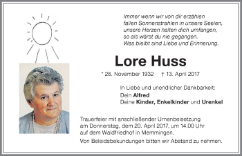 Traueranzeige von Lore Huss von Memminger Zeitung
