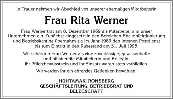 Traueranzeige von Rita Werner von Allgäuer Zeitung, Marktoberdorf