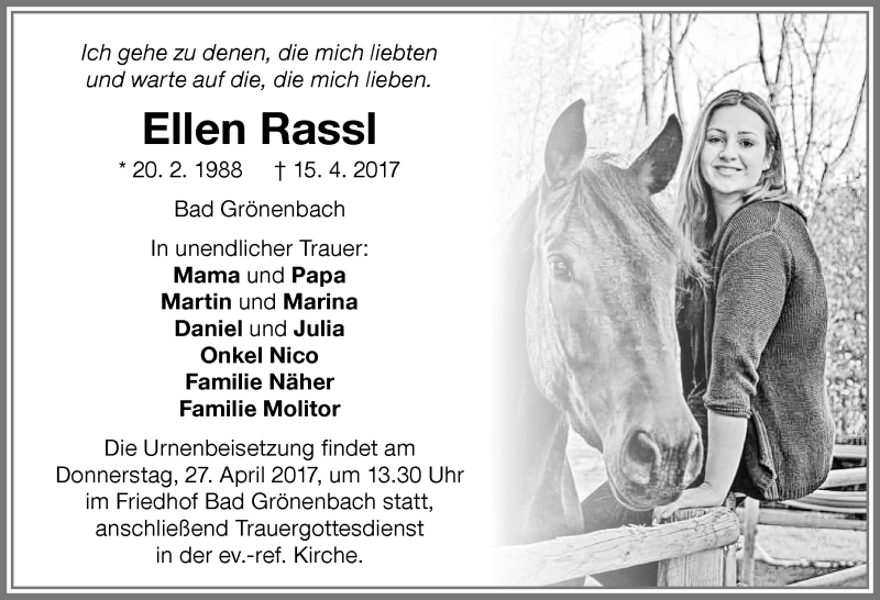  Traueranzeige für Ellen Rassl vom 22.04.2017 aus Memminger Zeitung