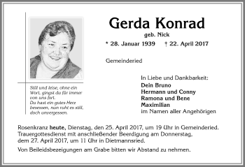 Traueranzeige von Gerda Konrad von Allgäuer Zeitung,Kempten