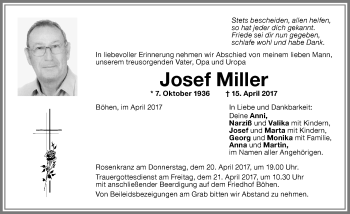 Traueranzeige von Josef Miller von Memminger Zeitung