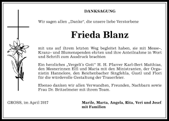 Traueranzeige von Frieda Blanz von Allgäuer Anzeigeblatt