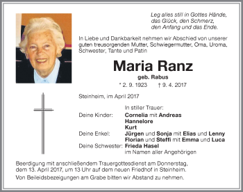 Traueranzeige von Maria Ranz von Memminger Zeitung