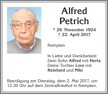 Traueranzeige von Alfred Petrich von Allgäuer Zeitung