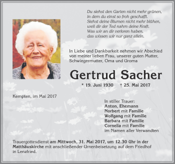 Traueranzeige von Gertrud Sacher von Allgäuer Zeitung,Kempten