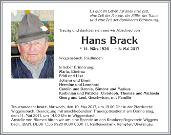 Traueranzeige von Hans Brack von Allgäuer Zeitung,Kempten