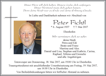 Traueranzeige von Peter Fichtl von Allgäuer Zeitung, Marktoberdorf