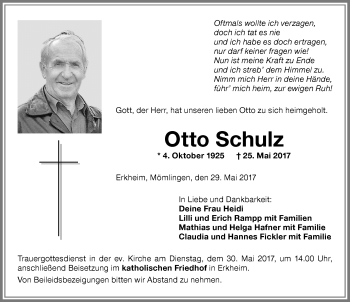 Traueranzeige von Otto Schulz von Memminger Zeitung